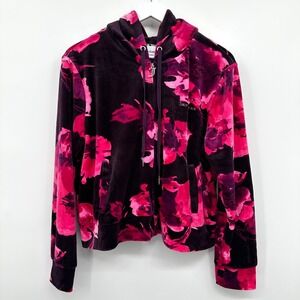 Juicy Couture Velour Track Jacket Size XL Hooded Floral Coquette Streetwear Boho
